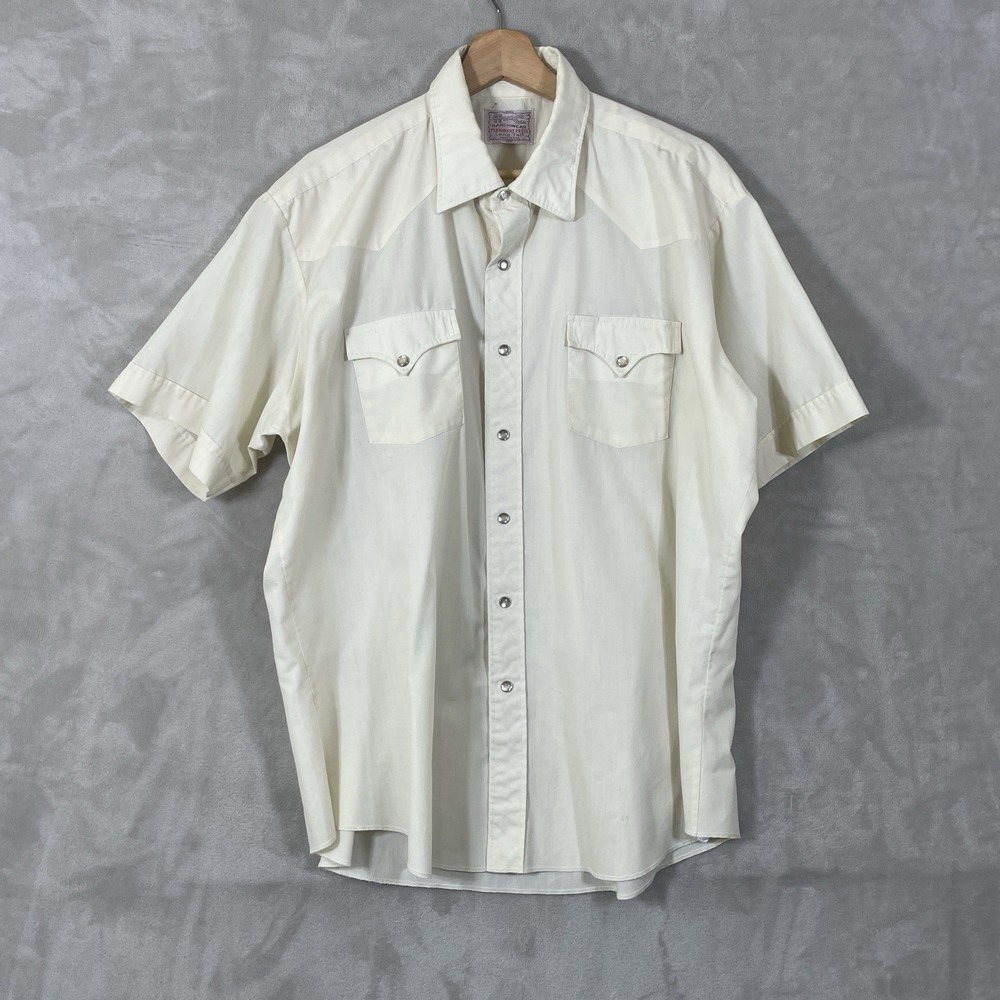 Vtg H Bar C Western Shirt Mens XL (26x30) White Cotton Blend 70s Pearl Snap